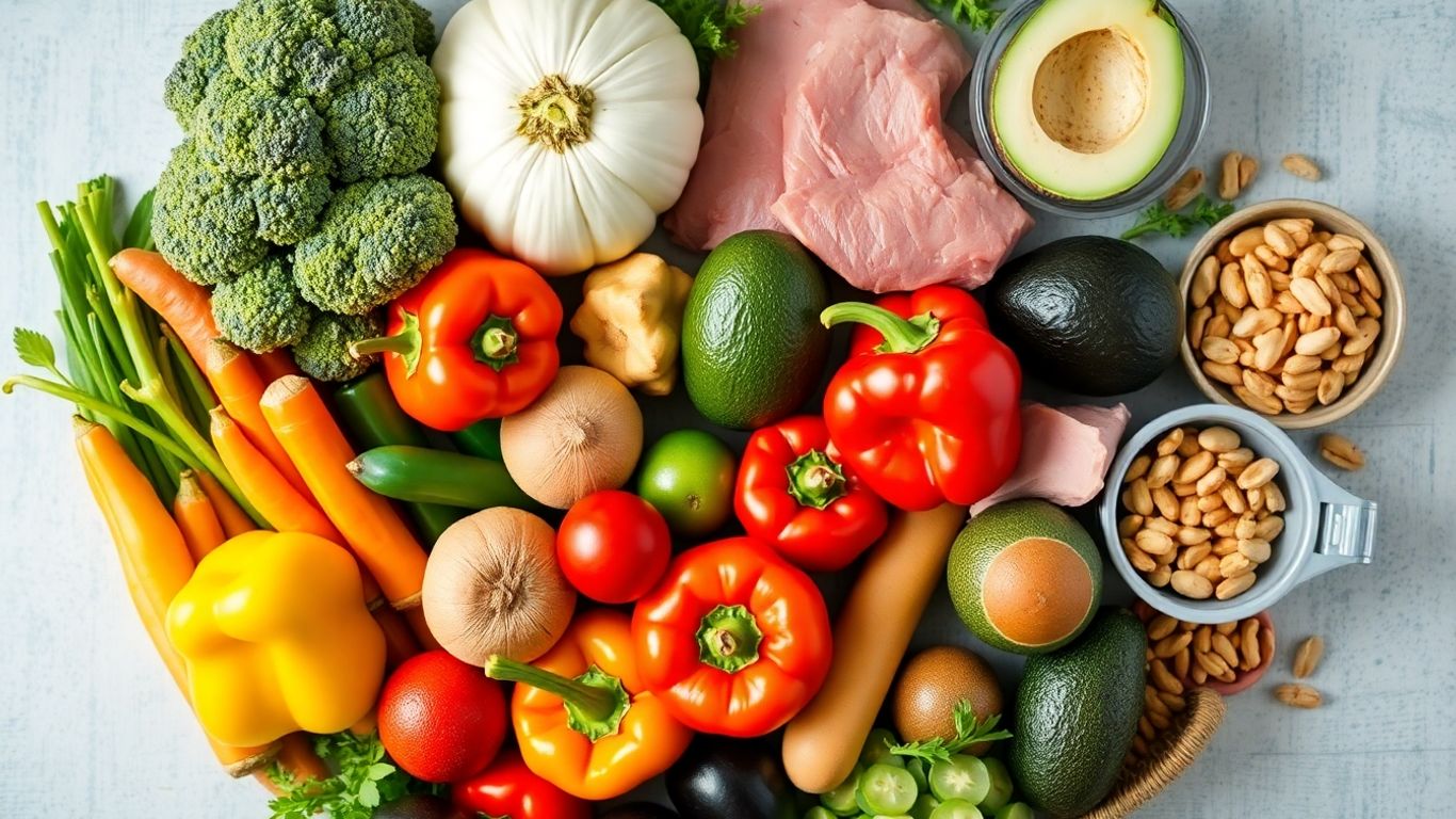 Keto grocery haul with fresh produce and snacks.