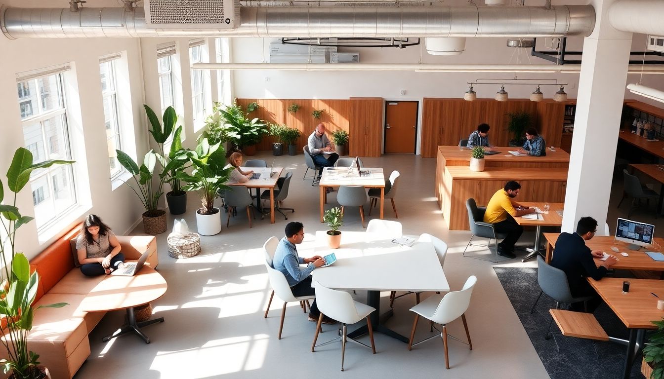 Modern coworking space with diverse work areas and natural light.