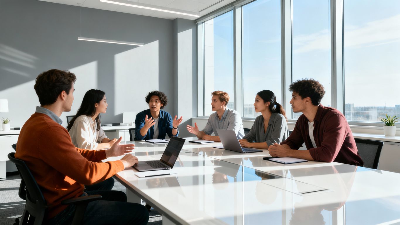 Business team collaborating in a modern New Jersey office.