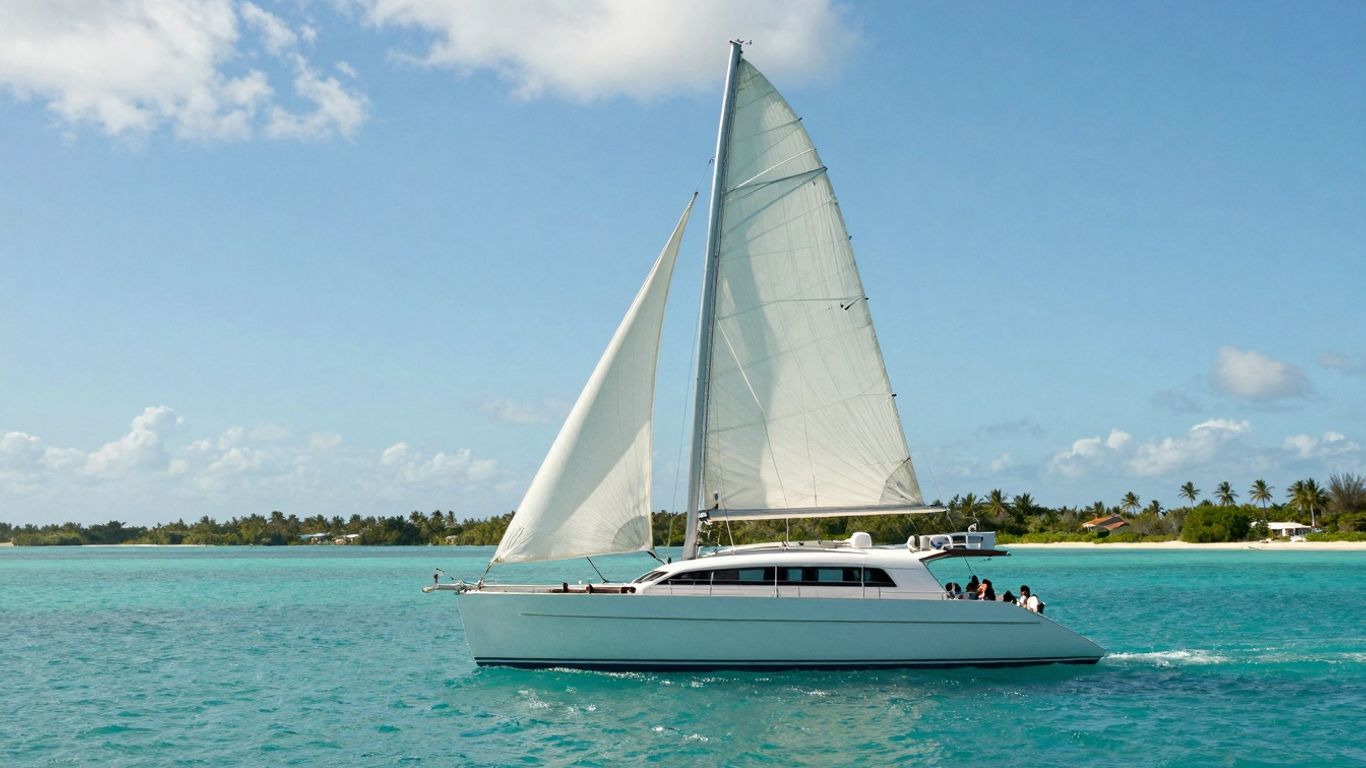 Catamaran sailing in clear Bahamian waters.