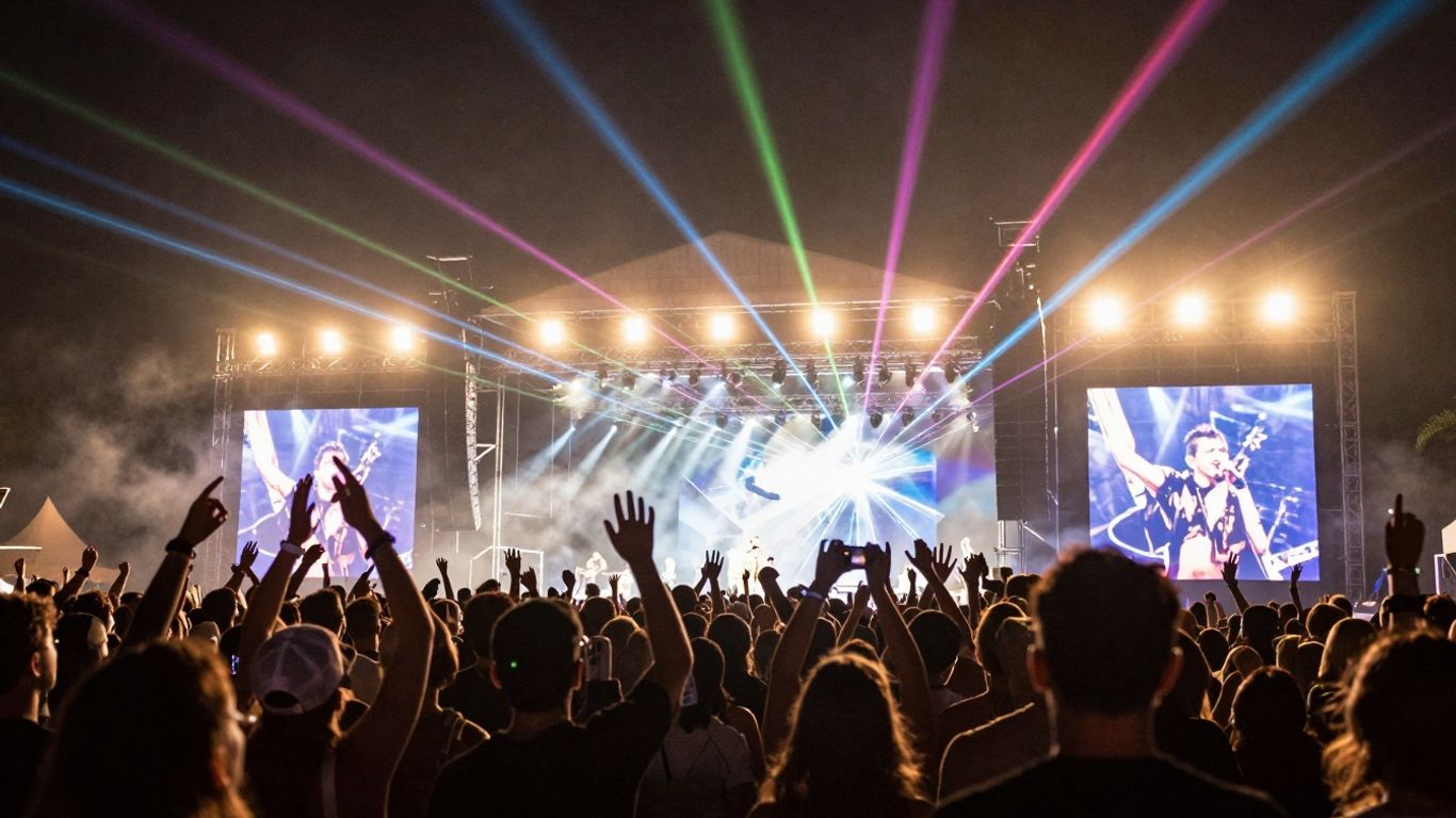 Mensen genieten van een concert met felle podiumverlichting.