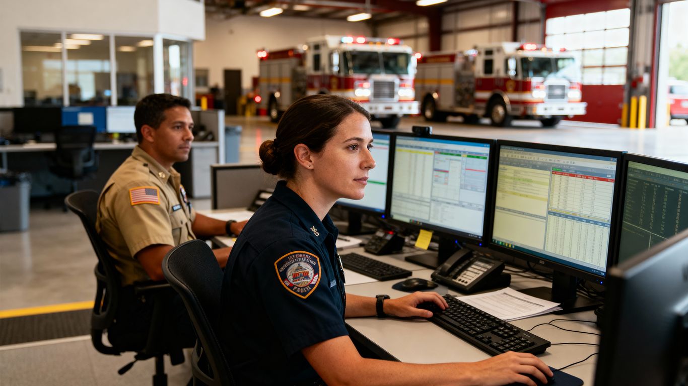 People working at computers with fire trucks in the background.
