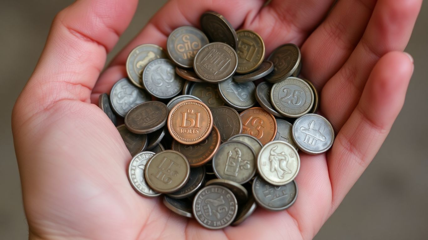 Handful of old coins ready for sale.