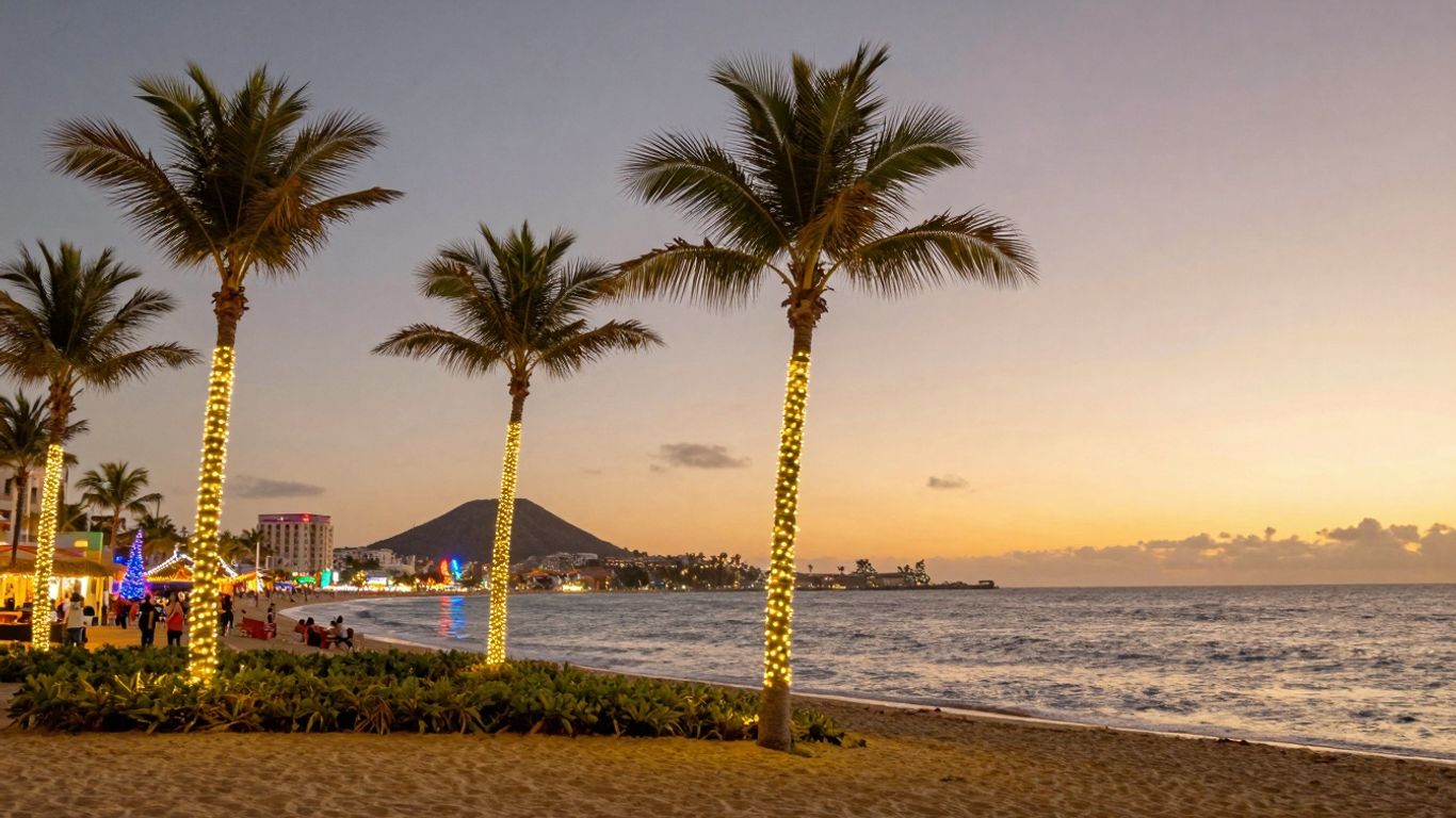 Cabo San Lucas beach at night with holiday lights.