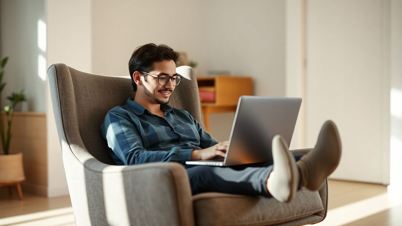 Persoană relaxată vorbind pe laptop în terapie online.