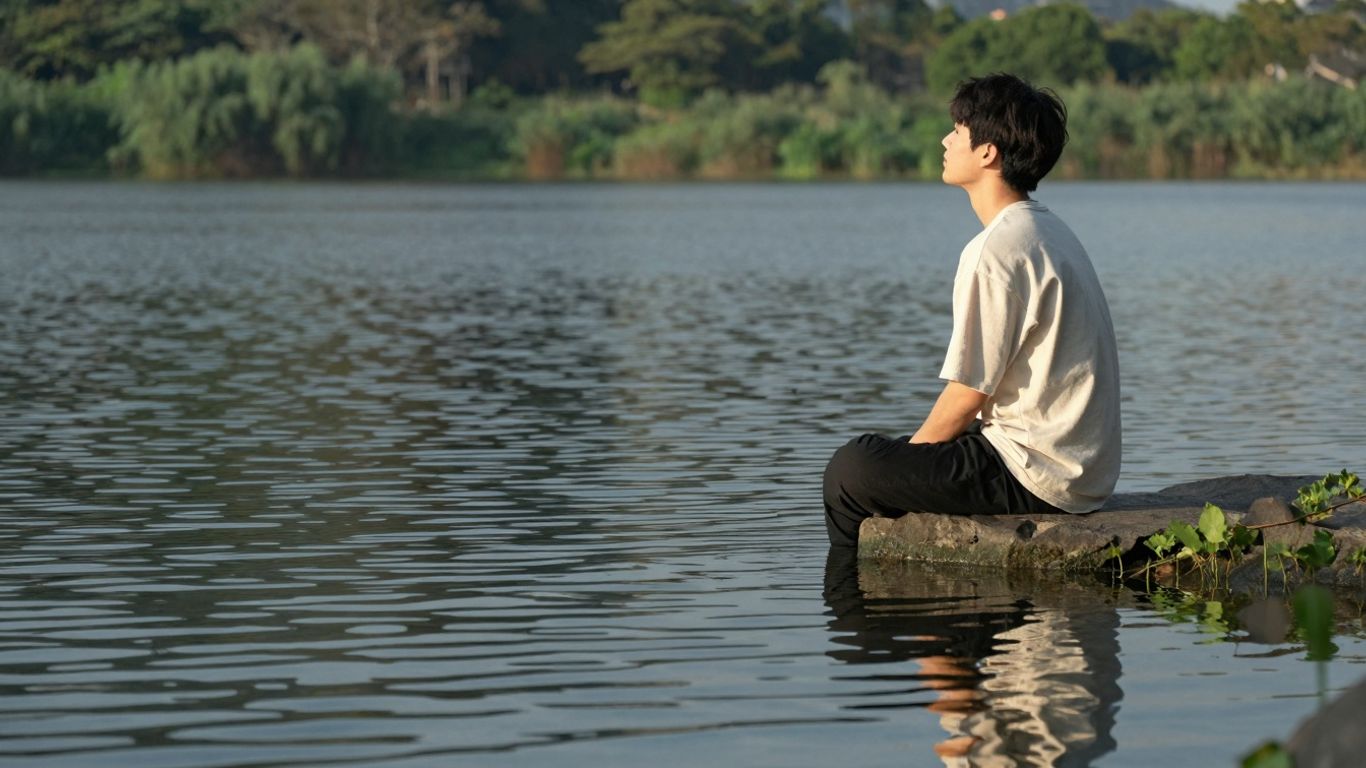 O persoană reflectându-se într-un lac liniștit.