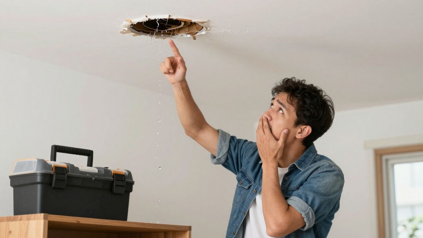 Persona angustiada señalando fuga de agua en techo.