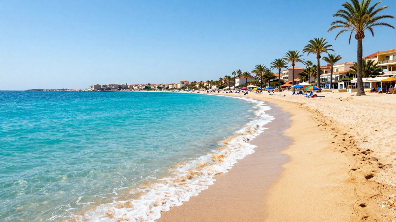 Zonnig Europees strand met helderblauw water en gouden zand.