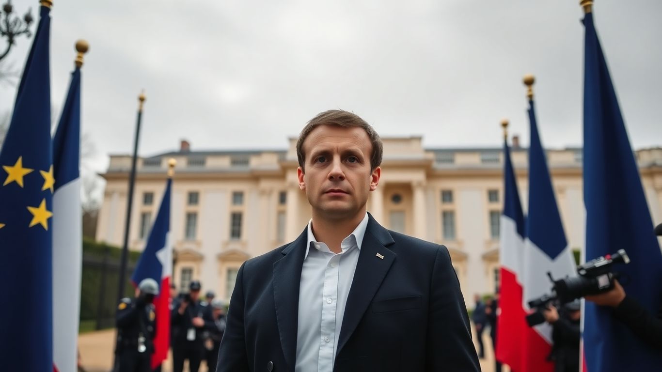 [Emmanuel Macron] devant le palais présidentiel sous un ciel sombre