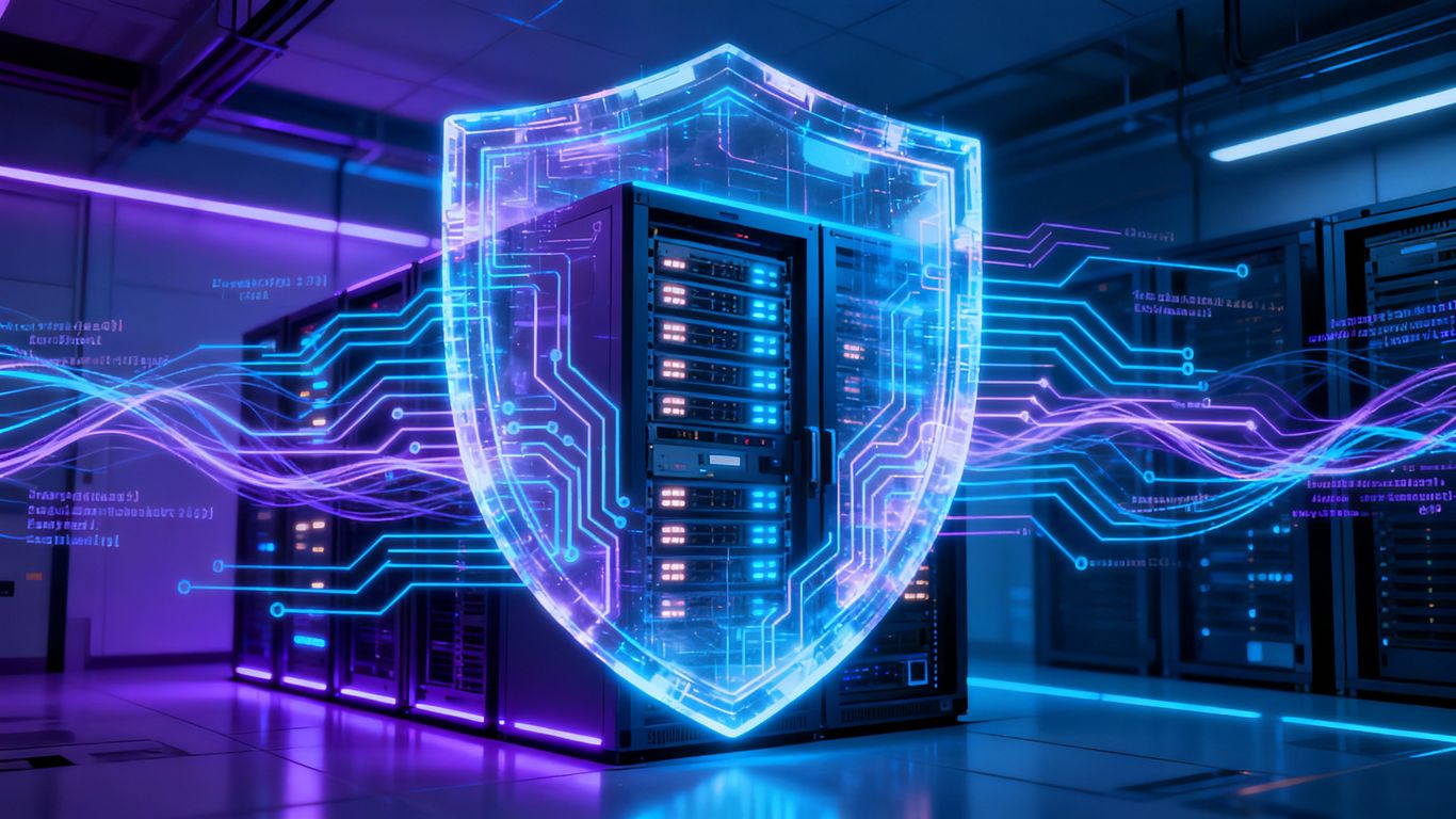 Digital shield protecting server room, advanced cybersecurity.