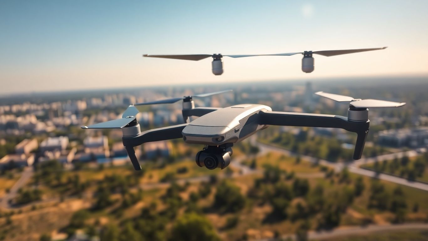 Drone flying over Texas landscape near city.