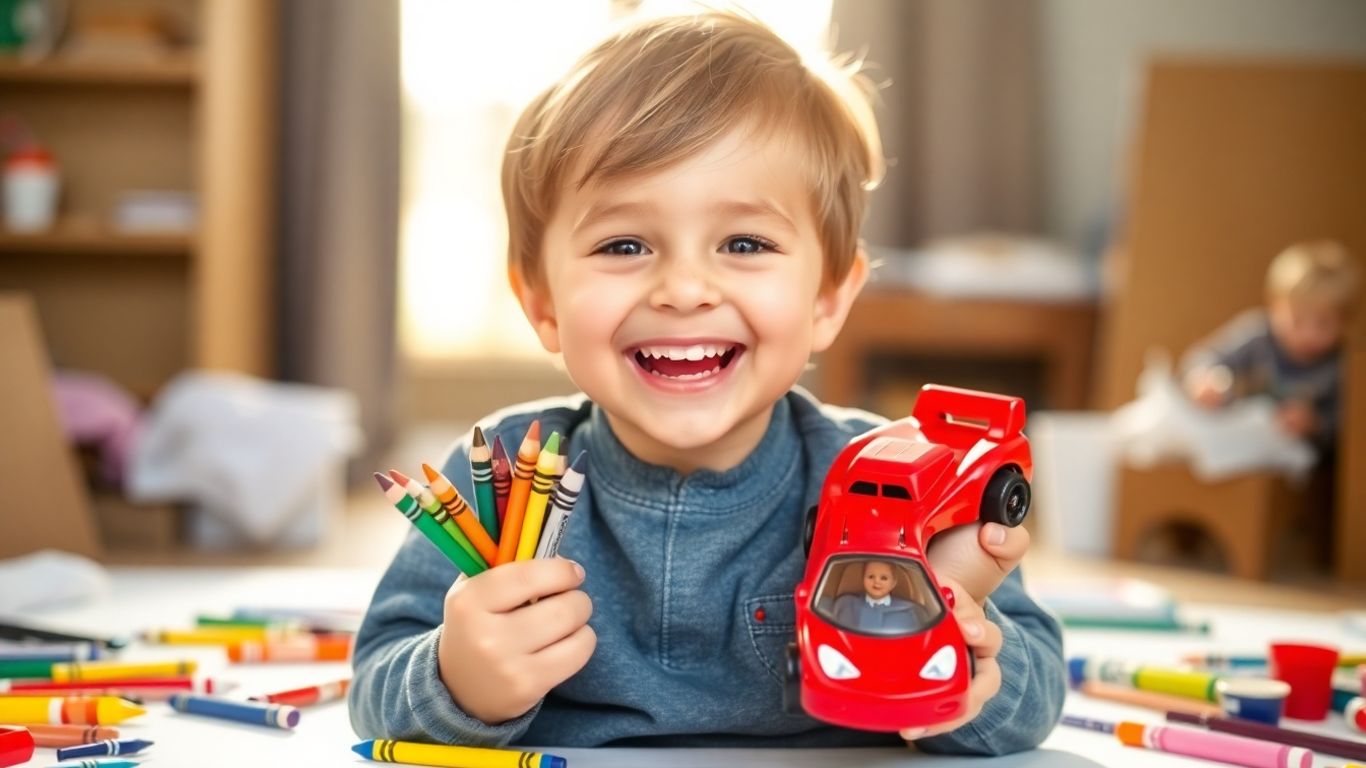 Boy smiling with crayons and toy car