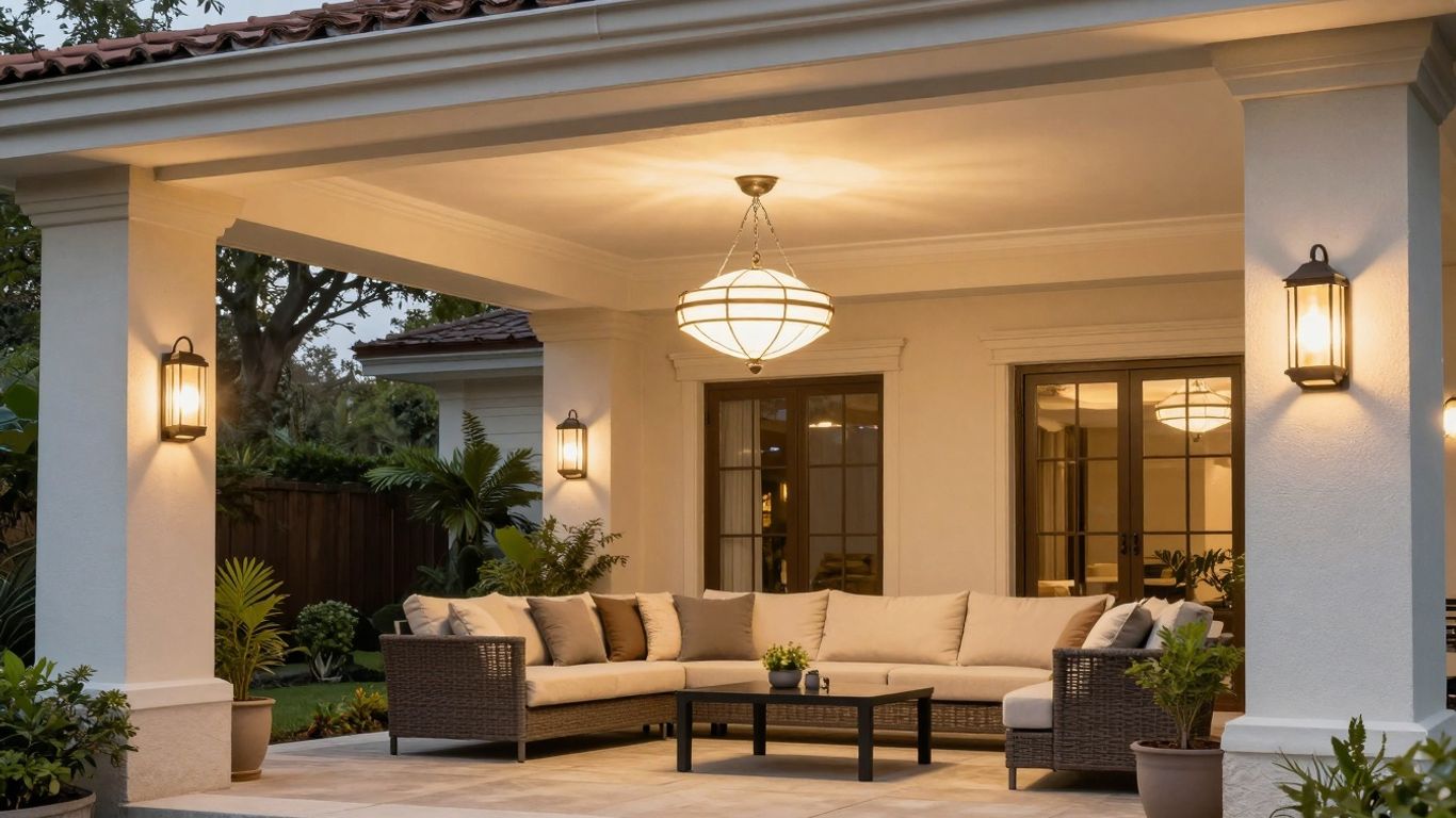 Outdoor ceiling lights illuminating a patio at dusk.