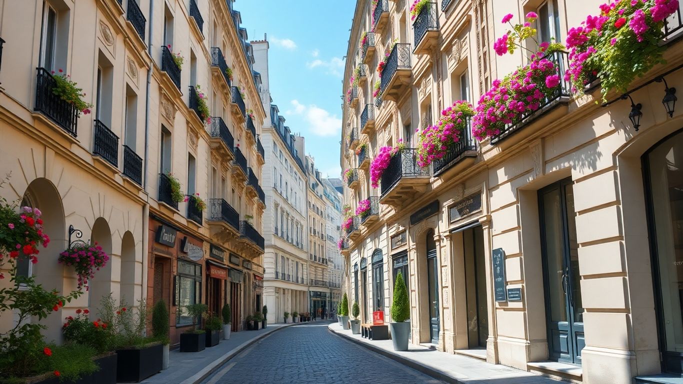 Beautiful Parisian street with elegant buildings and flowers.
