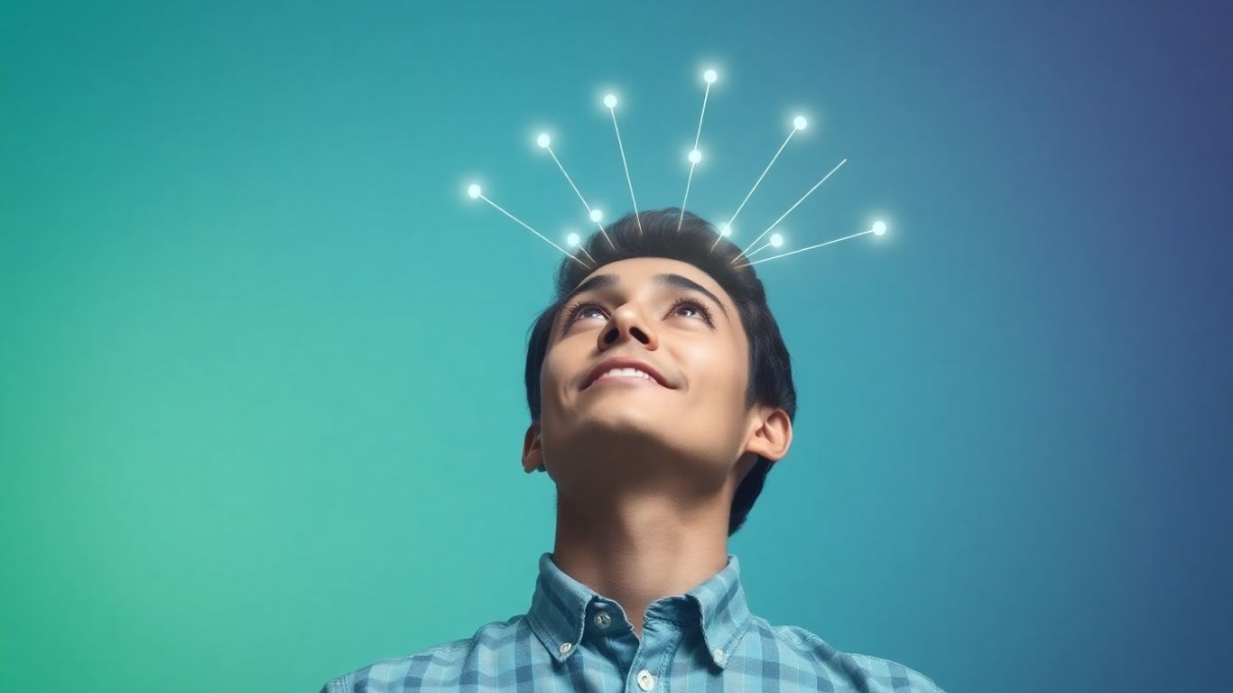 Person looking up with glowing lines, symbolizing potential.