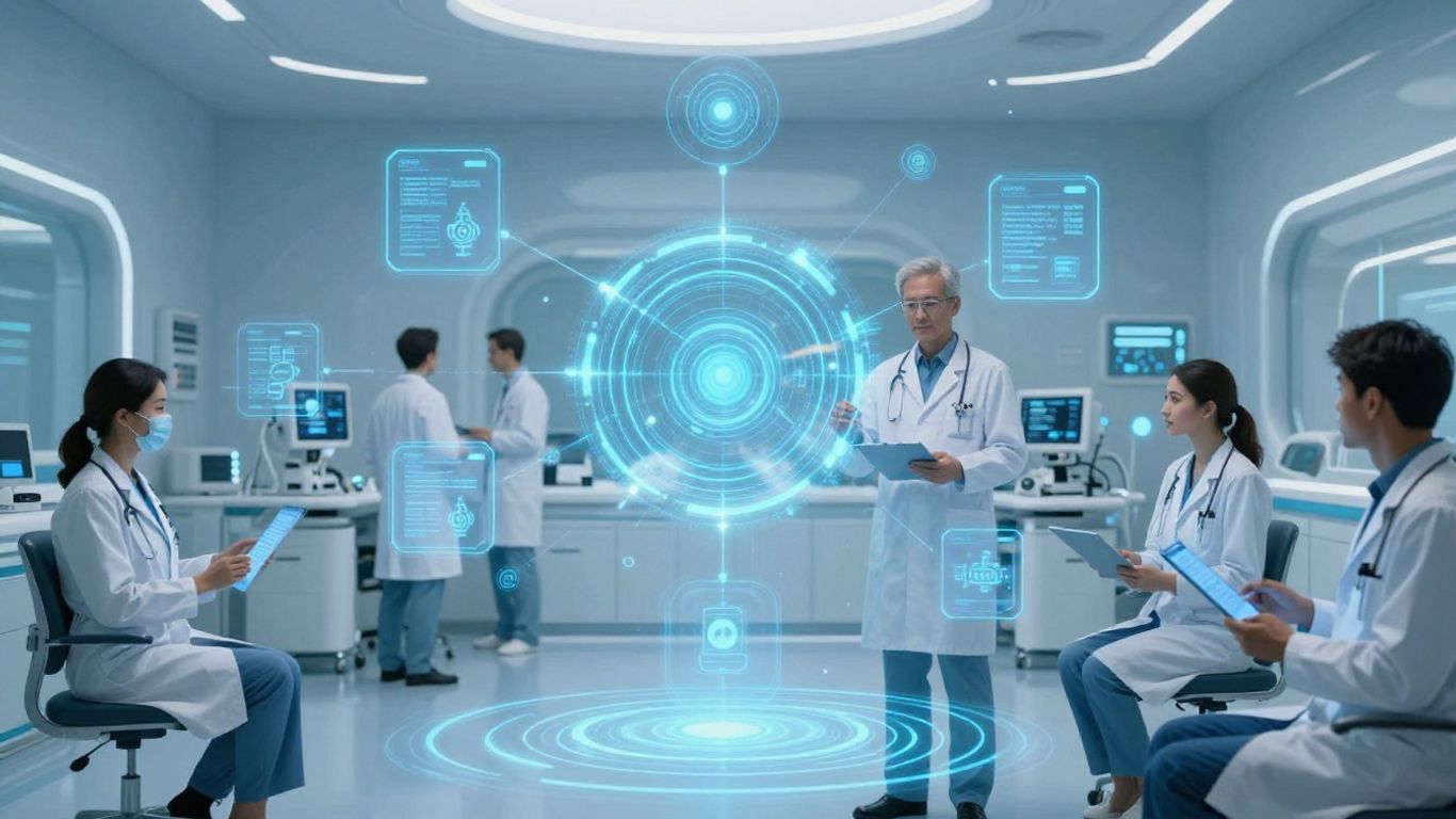 Futuristic blockchain healthcare with secure patient data flow.