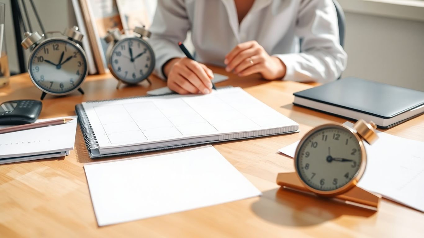 Person organizing tasks with a planner and clock.