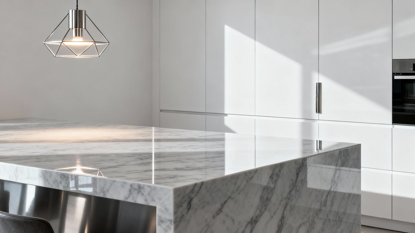 Modern kitchen island with sleek quartz countertop.