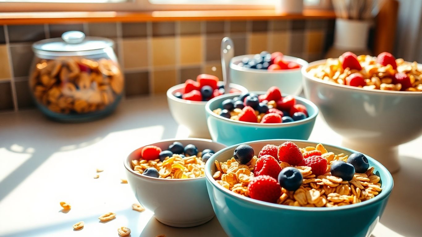 Healthy cereals with fruits and milk in bowls.
