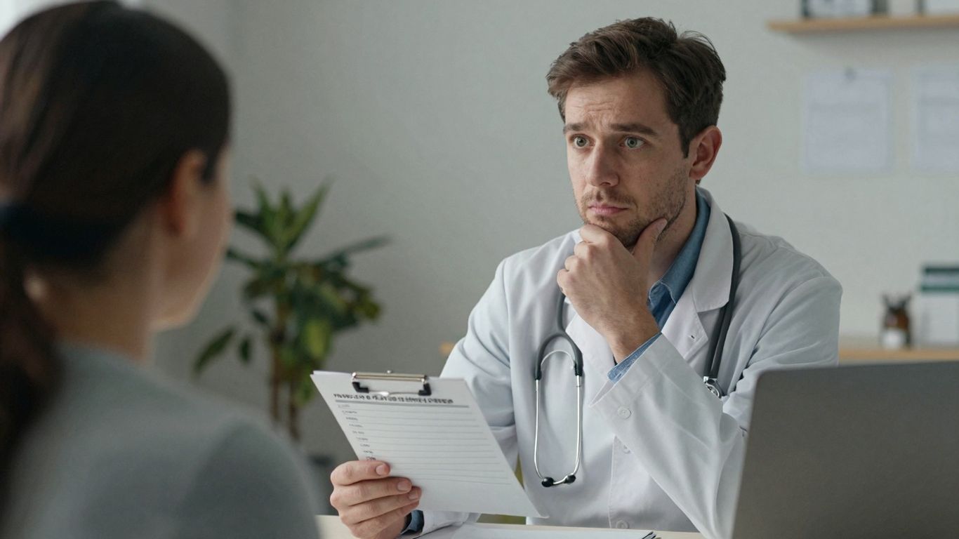 Médico com receita, discutindo tratamento para compulsão alimentar.