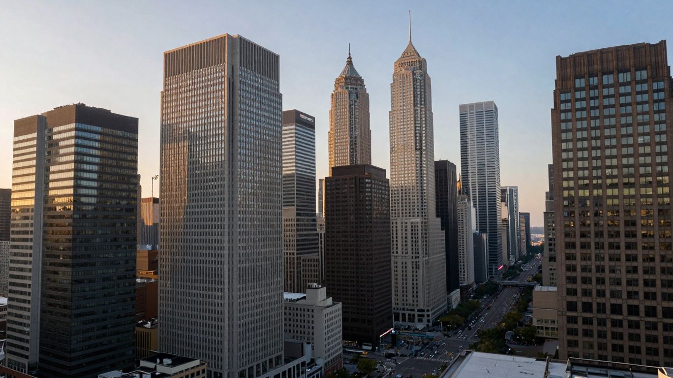 Oraș prosper cu clădiri înalte și soare.