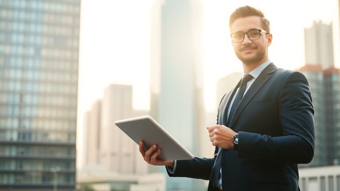 Professional overseeing financial strategy with a city backdrop.