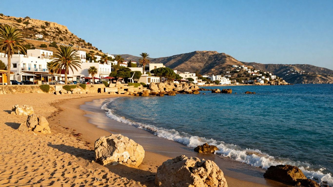 Sunny Mediterranean coast with ancient ruins and blue sea.