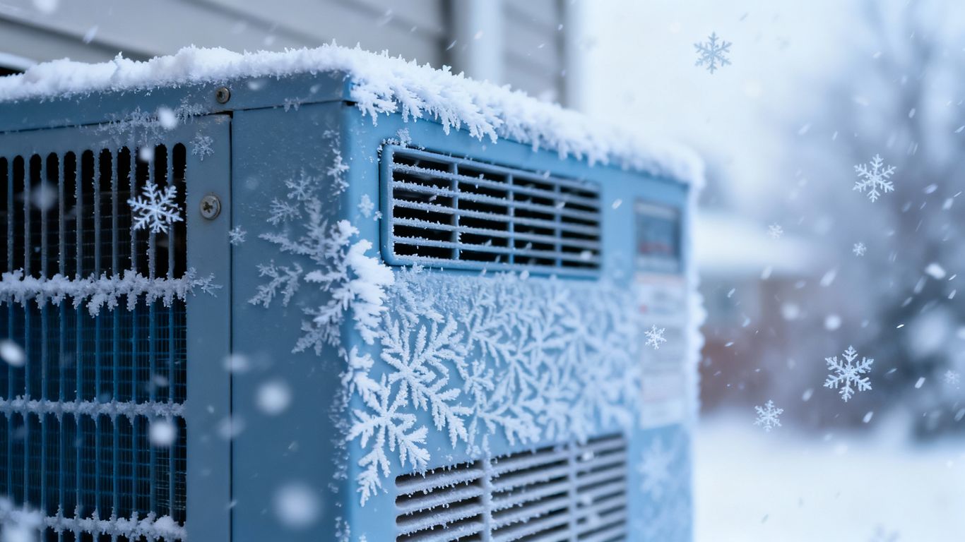 Winterized HVAC unit with frost and snowflakes.