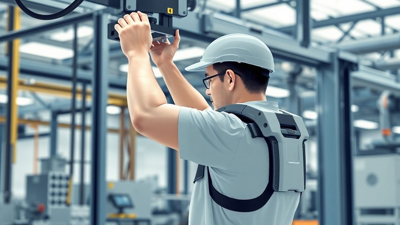 Arbeiter mit Schulter-Exoskelett bei Über-Kopf-Arbeit