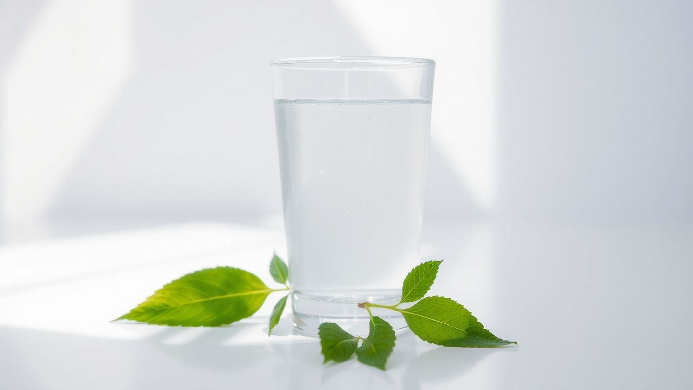 Glass of water with green leaves, natural detox elements.