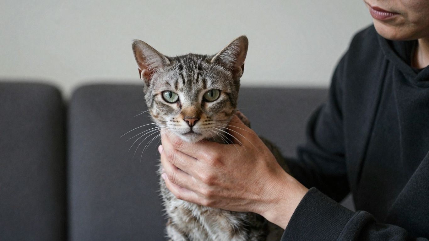 Elderly cat losing weight, held by owner.