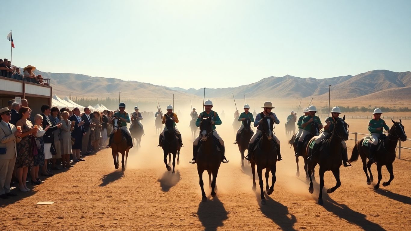 Polo match with players, horses, and spectators in Indio.