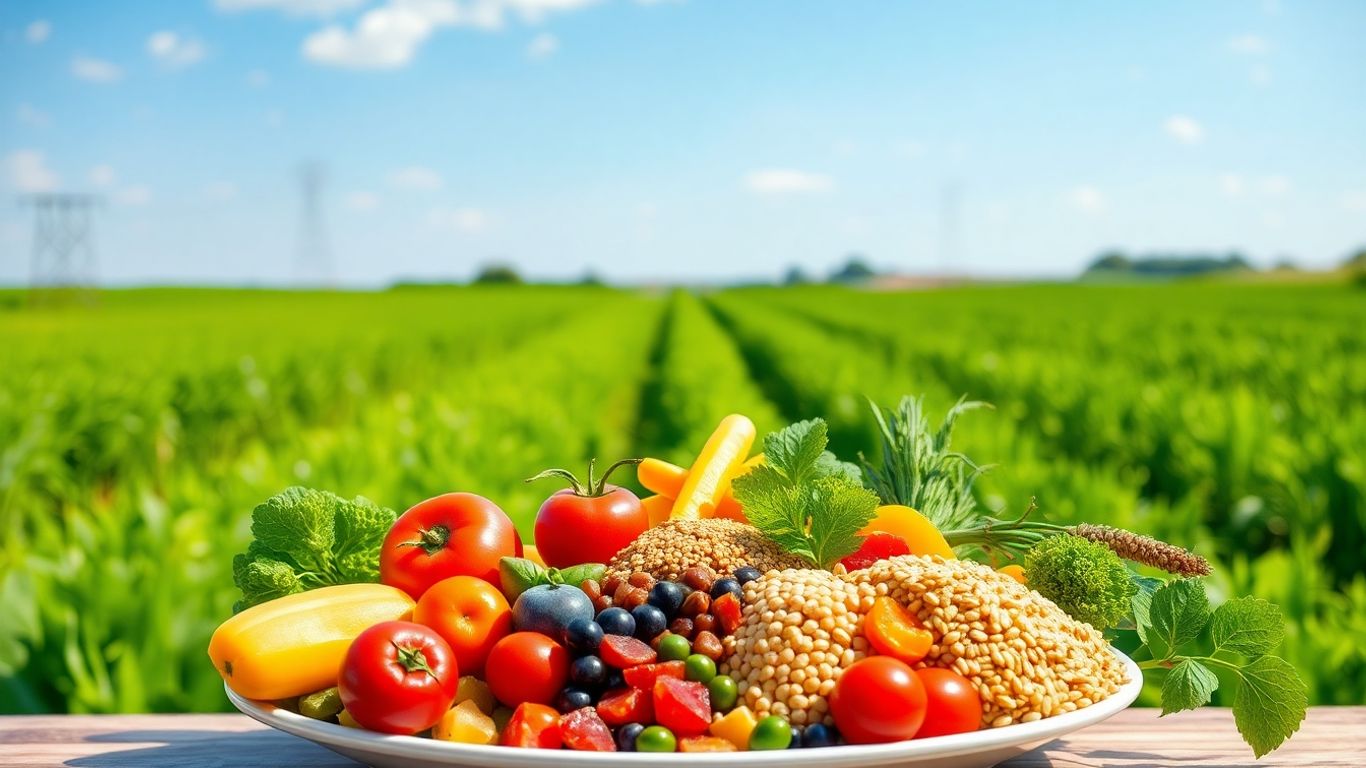 Farfurie cu legume proaspete şi peisaj natural în fundal