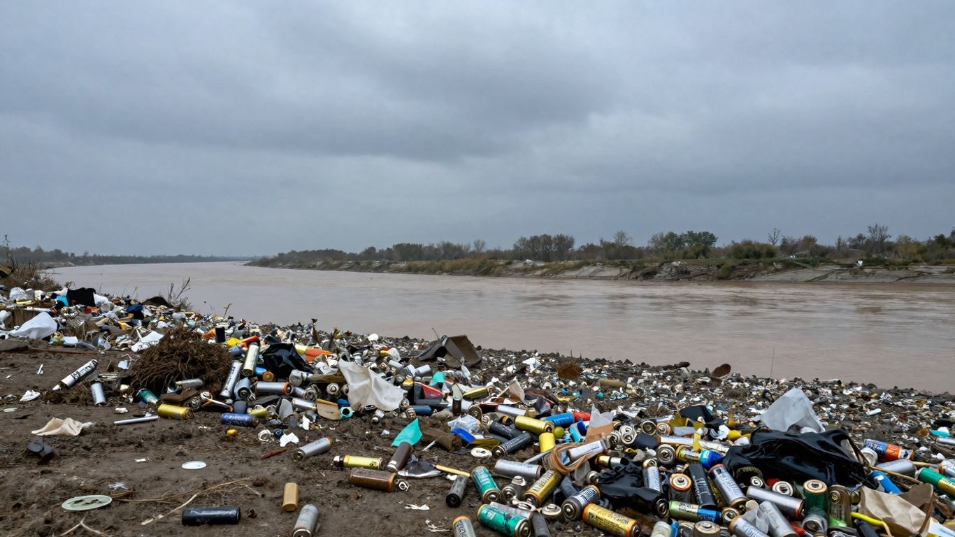 Discarded batteries polluting a waterway, toxic waste.