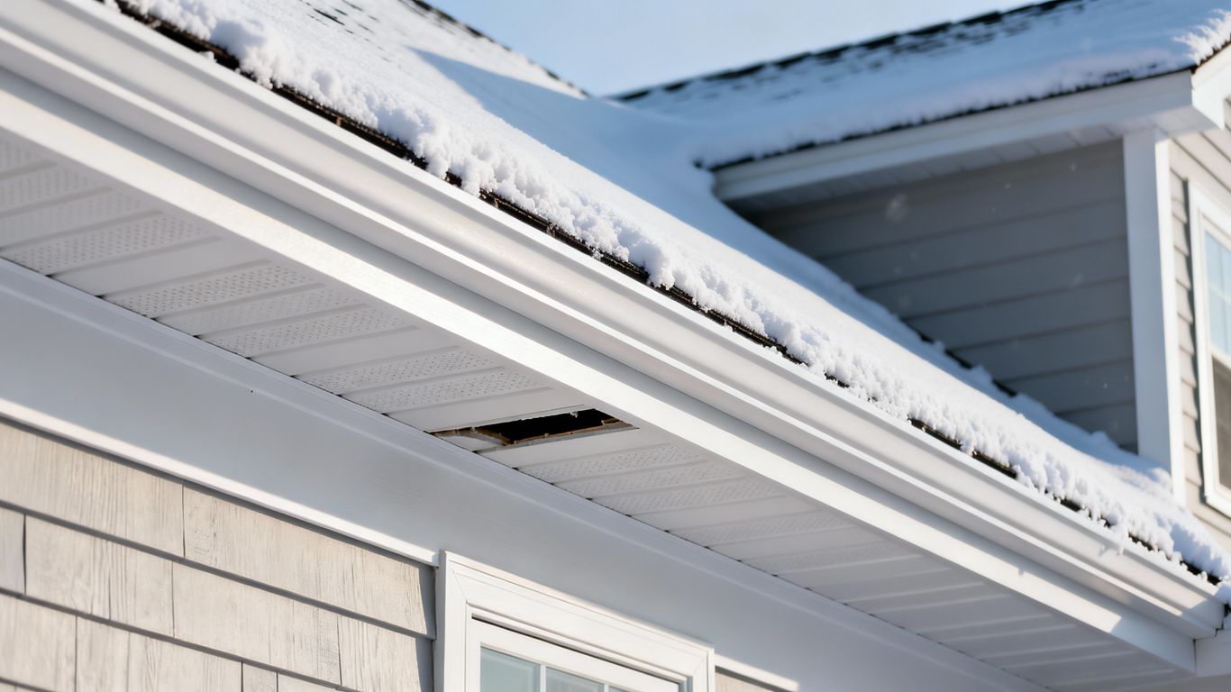 House soffit and fascia with snow on roof.