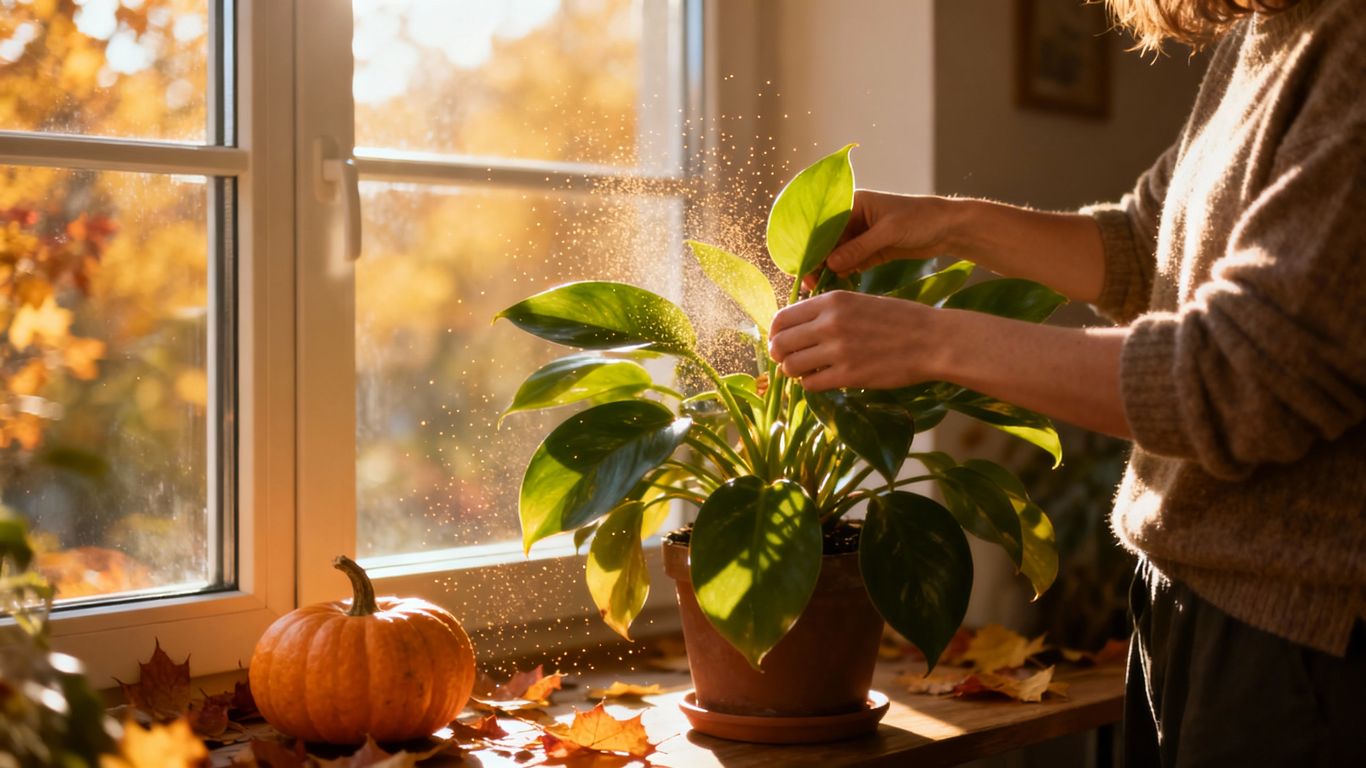 Cozy living room with healthy houseplants in fall light.