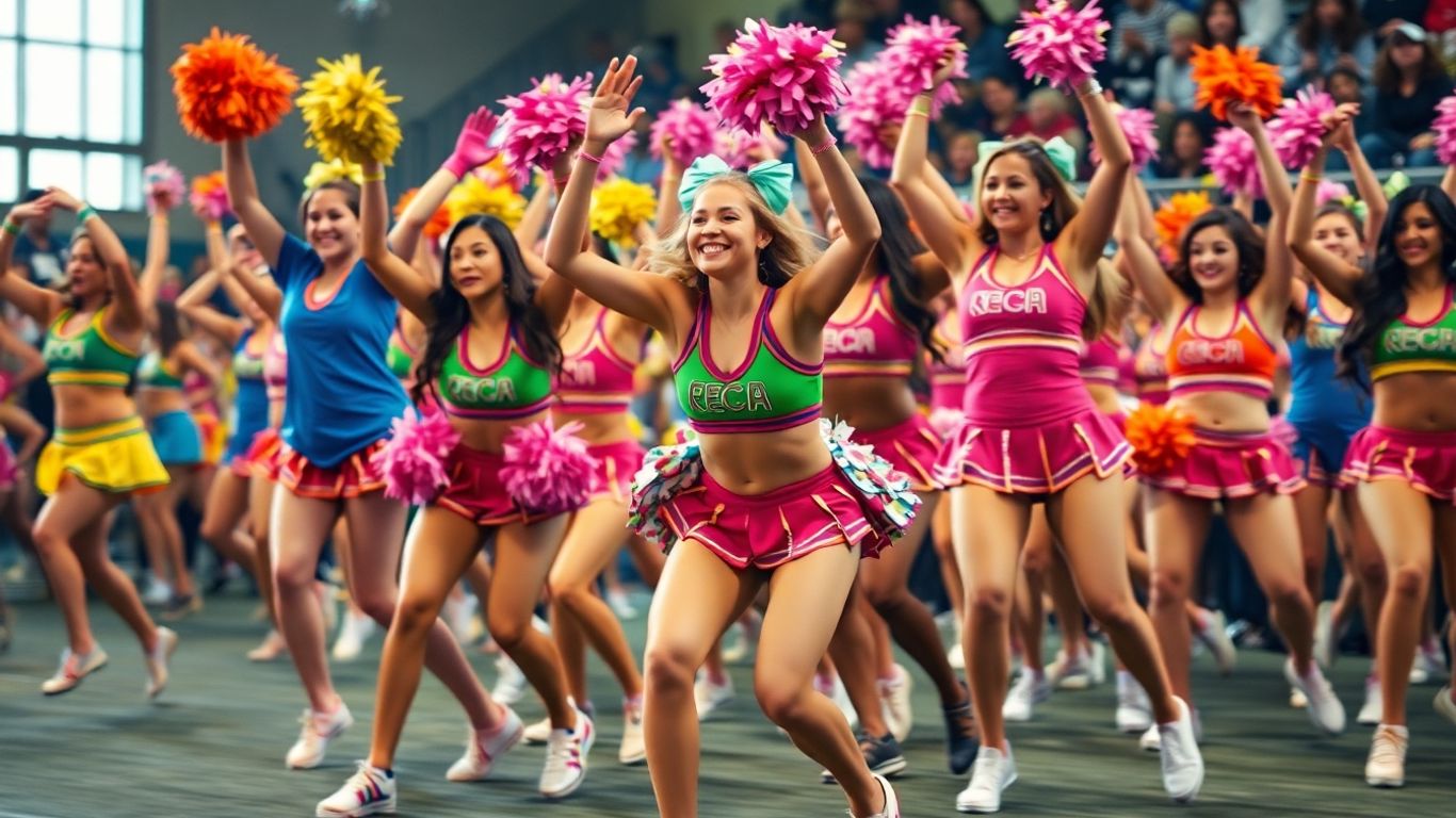 Energetic cheerleaders and dancers performing dynamically.