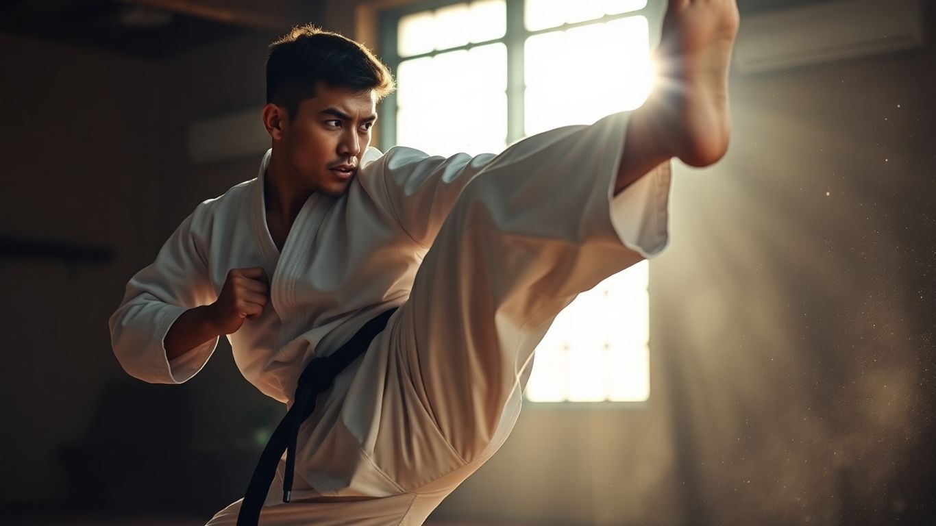 Taekwondo practitioner in powerful mid-kick pose.