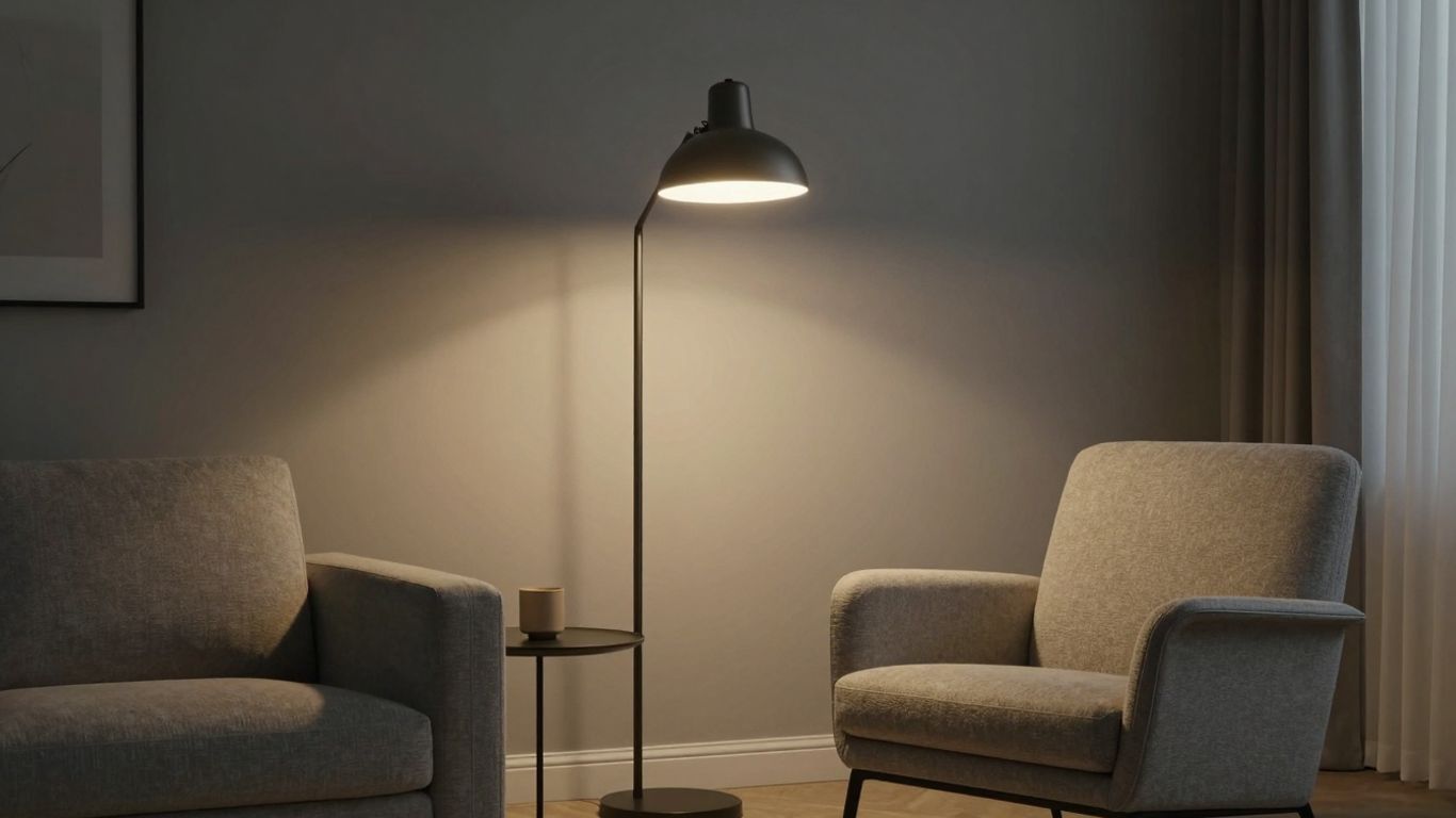 Stylish floor lamp illuminating a cozy living room corner.