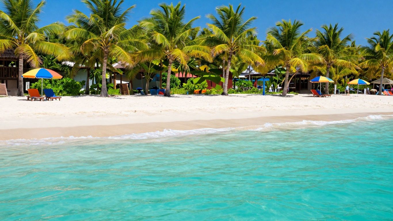Tropical beach with clear water and palm trees.