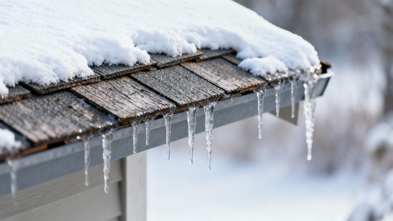Snow-covered roof with icicles in winter.