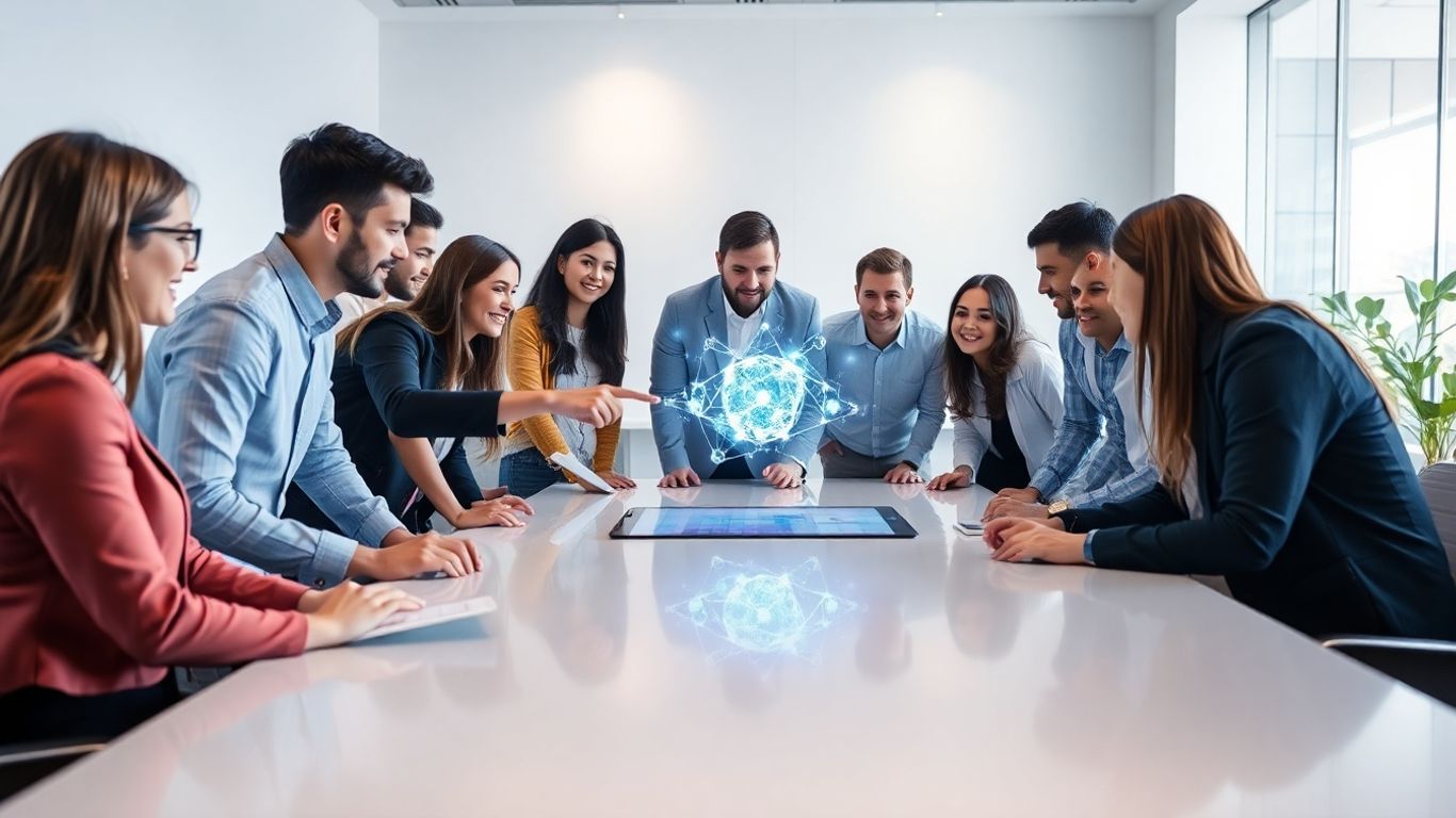 Echipă tânără lucrează la un startup AI inovator.