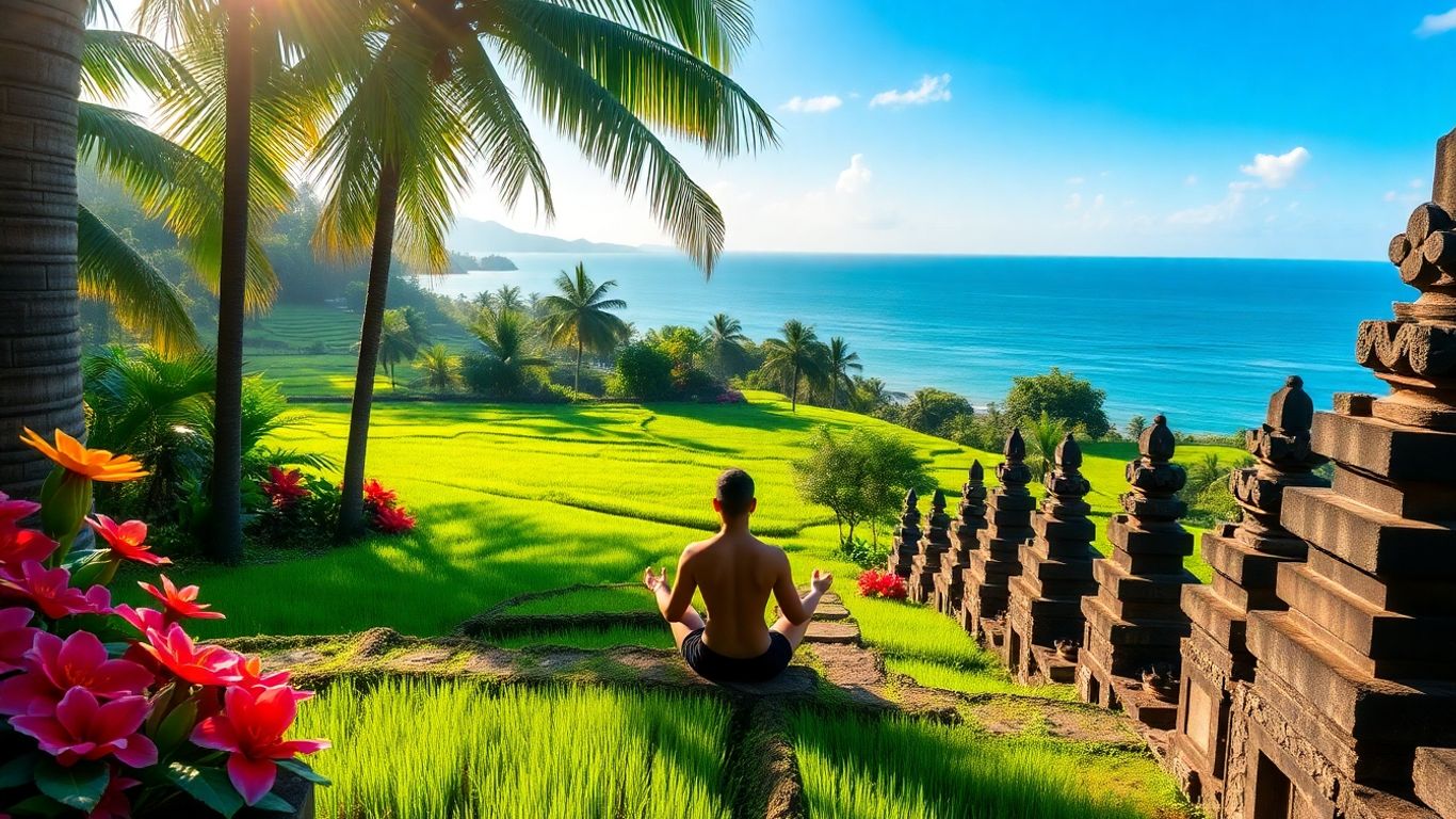 Person meditating in lush Balinese landscape with ocean view.