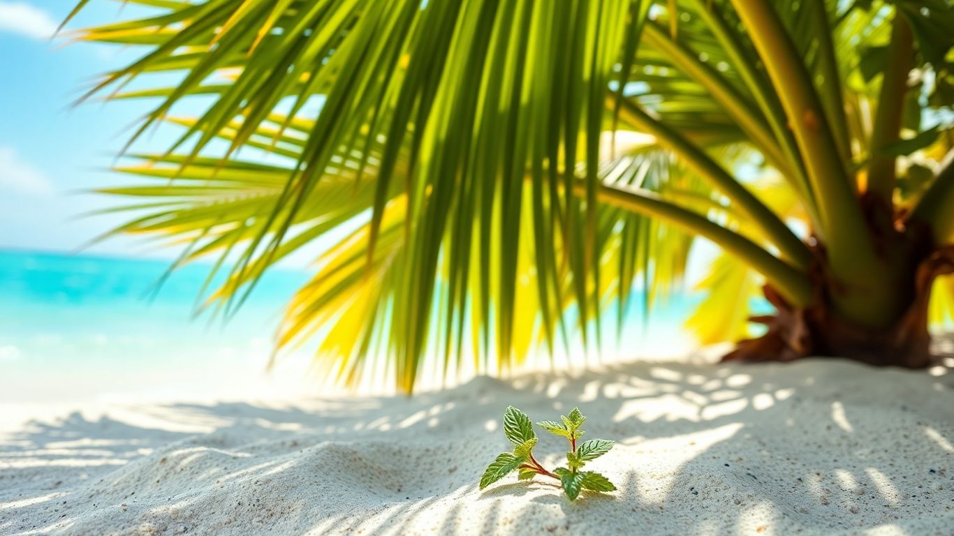 Sunlit beach with palm leaves and a mint sprig.