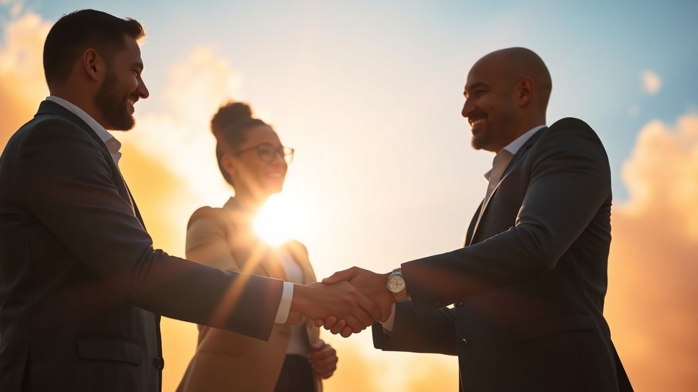 Business professionals shaking hands, symbolizing partnership and success.