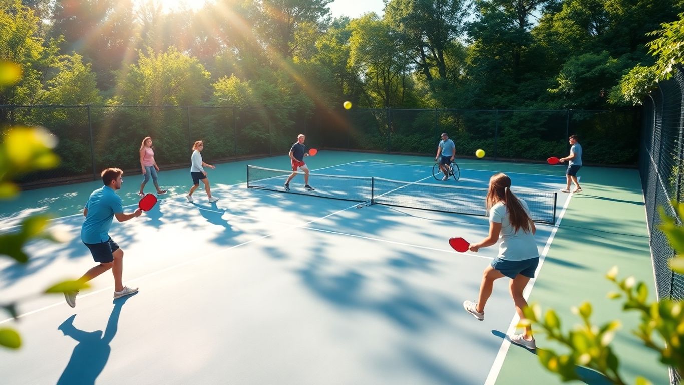 Pickleball players on a sunny court in Sandy.