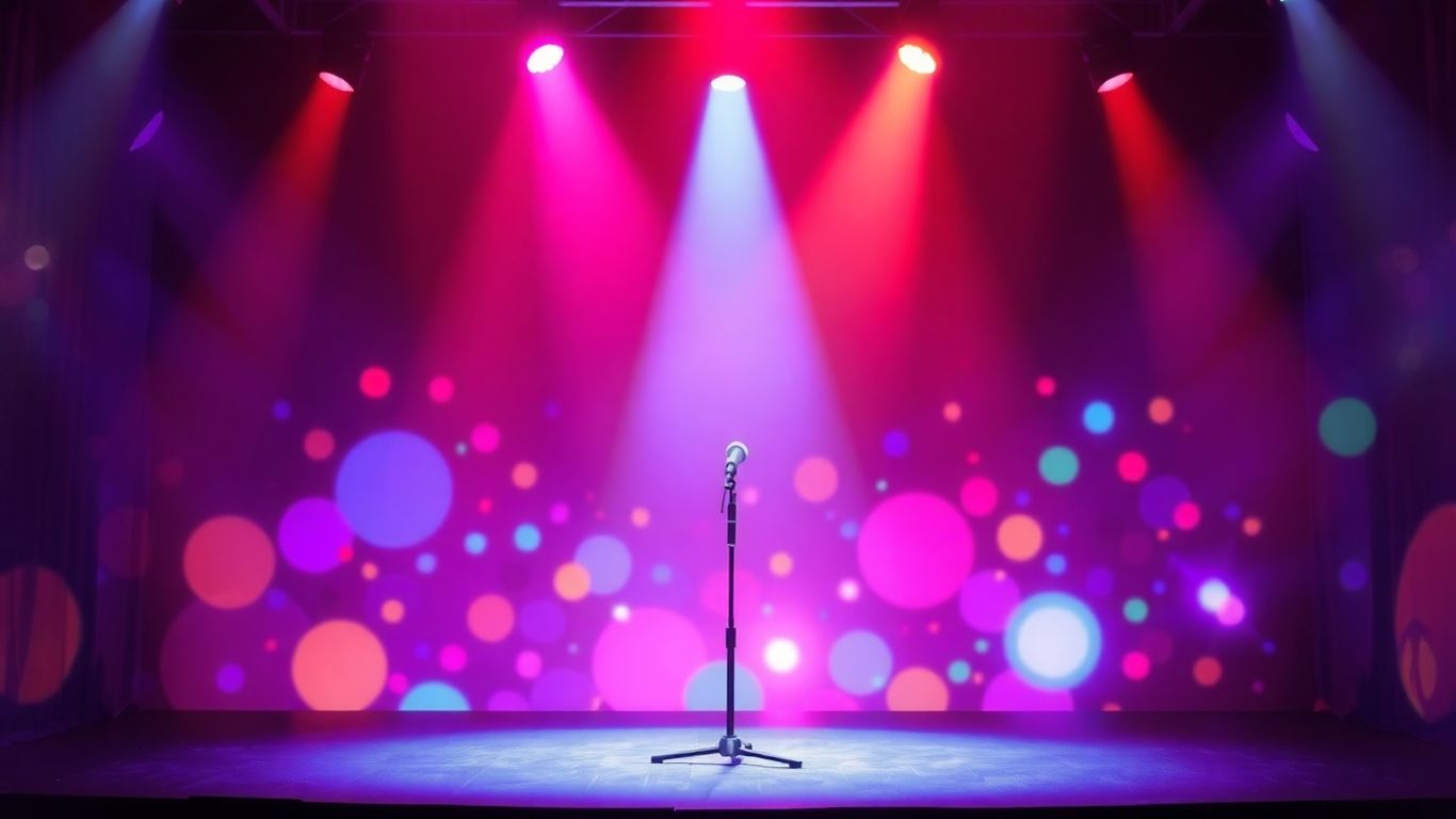 Empty comedy stage with spotlight and abstract background.