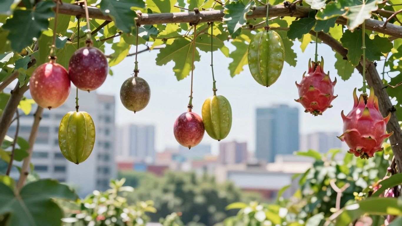 Exotische Früchte wachsen in einem Stadtgarten.