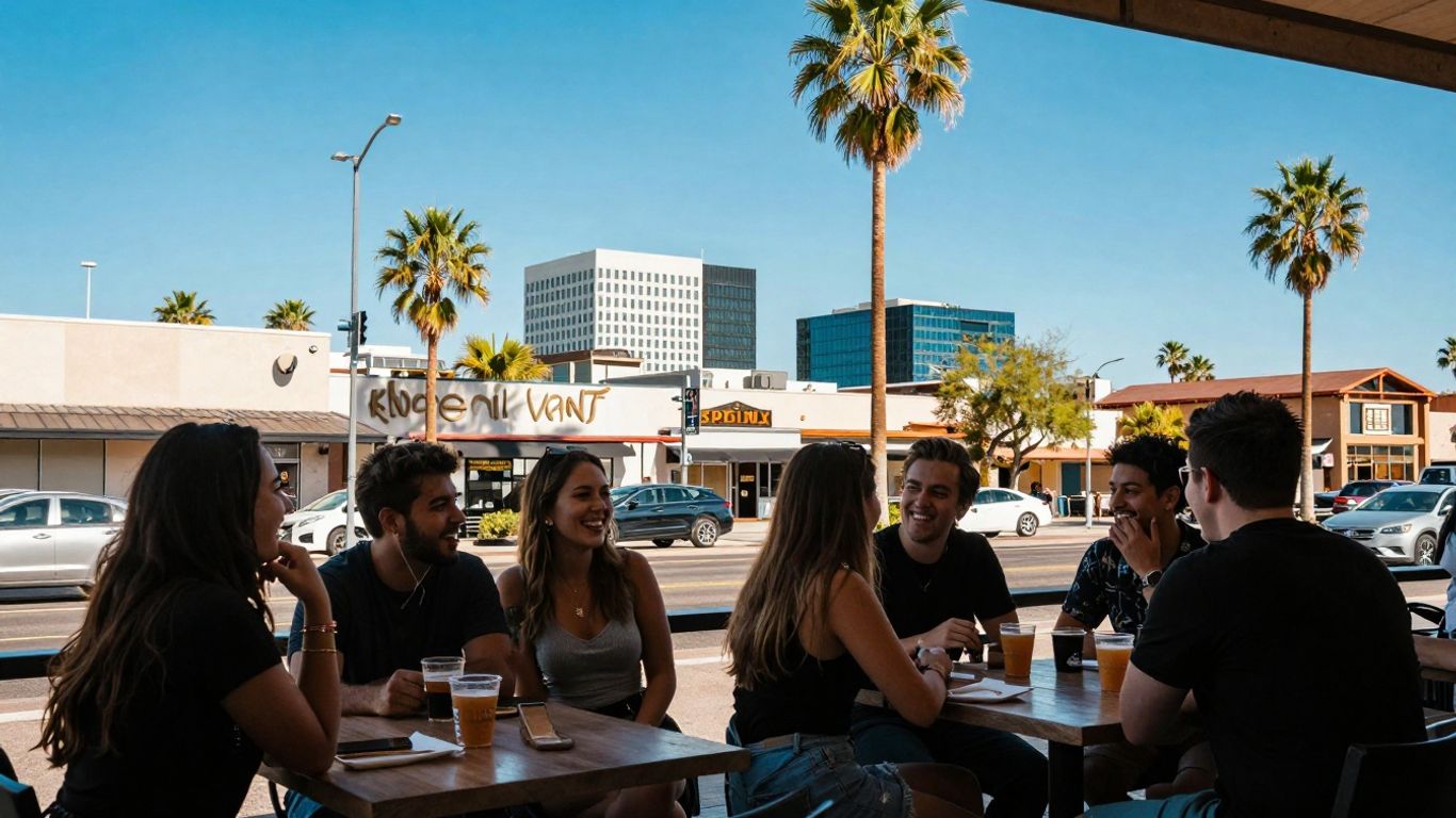 Phoenix cityscape with people enjoying casual outdoor interactions.