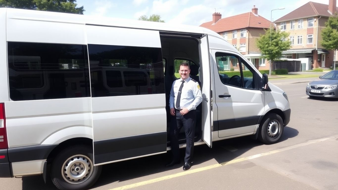 Professional driver standing by a 12-seater minibus in Slough.